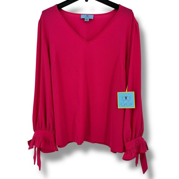 CeCe Ruffle Tie Sleeve V Neck Blouse Shirt Womens Plus Size 2X Bright Rose Pink - Picture 1 of 6